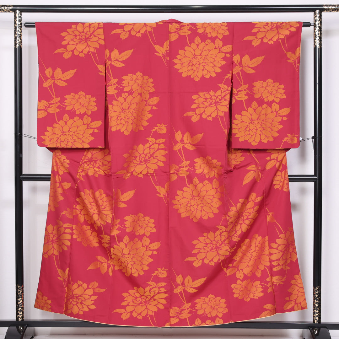 アンティーク お召 袷 身丈155cm 裄丈62cm 正絹 Aランク 広衿 Mサイズ 菊 赤系 M4 1222-11496