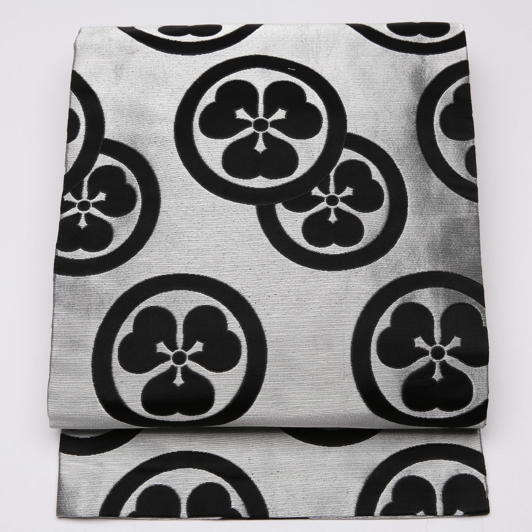 名古屋帯 帯丈362cm Sランク 名古屋仕立て 六通 正絹 家紋柄 舞台用 セミフォーマル グレー系 1224-01605