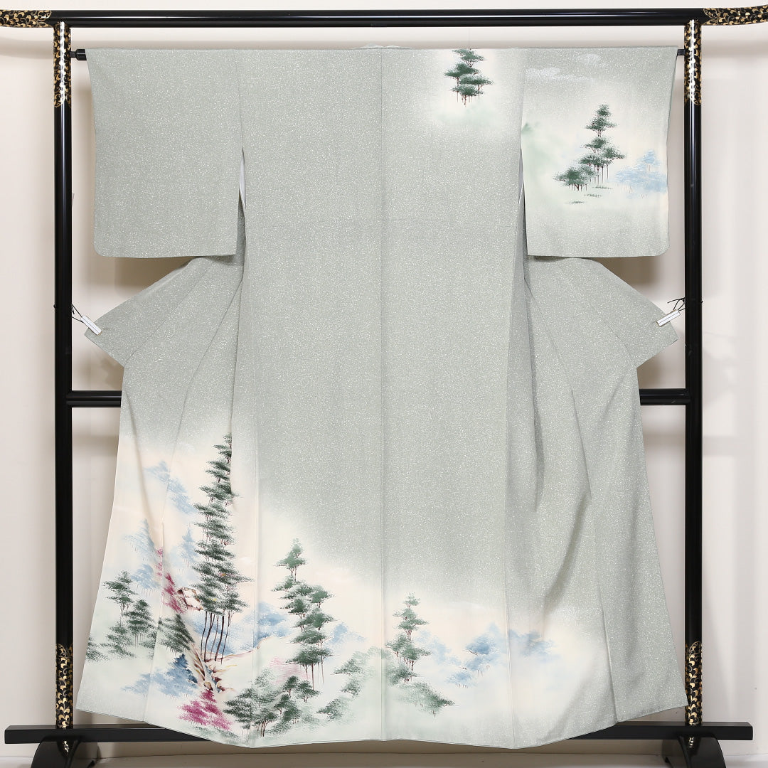 訪問着 袷 身丈155cm 裄丈65cm 正絹 Bランク セミフォーマル 広衿 Mサイズ 風景柄 緑系 HP 1217-04424