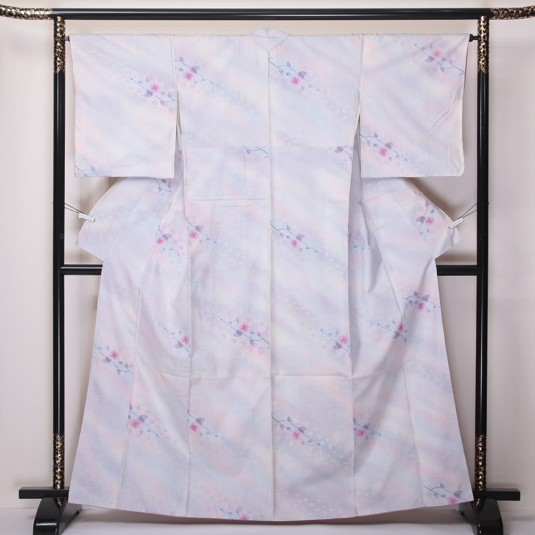 紬 袷 身丈163cm 裄丈66cm 正絹 Cランク カジュアル 広衿 Lサイズ ぼかし染 花柄 白系 HP 1223-03604