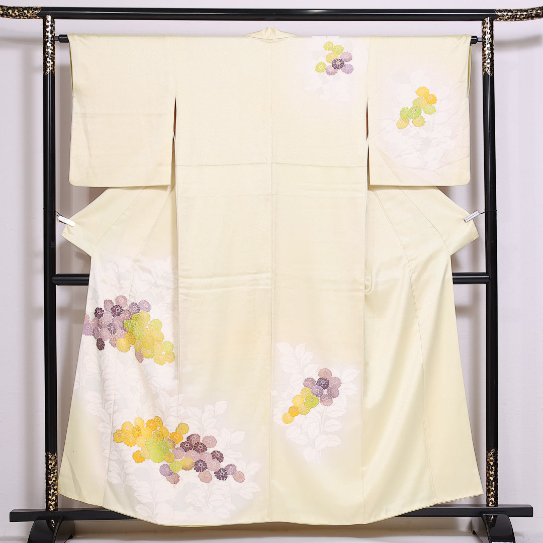 訪問着 袷 身丈156cm 裄丈63cm 正絹 Bランク セミフォーマル 広衿 Mサイズ 菊 黄系 RP 1217-04813