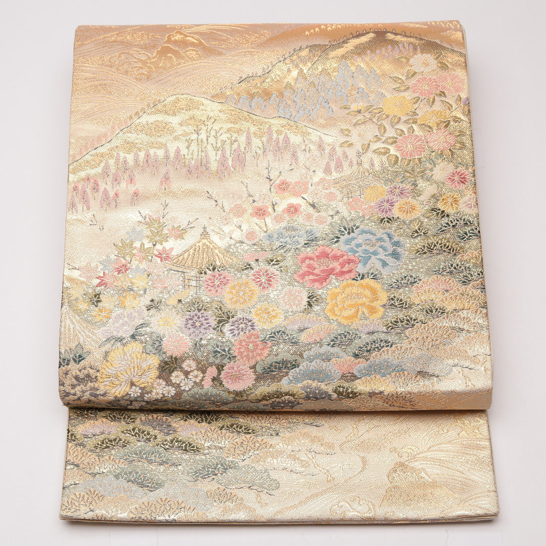 袋帯 帯丈436cm 正絹 六通 フォーマル 寺社 四季山野 金系 1243-01276