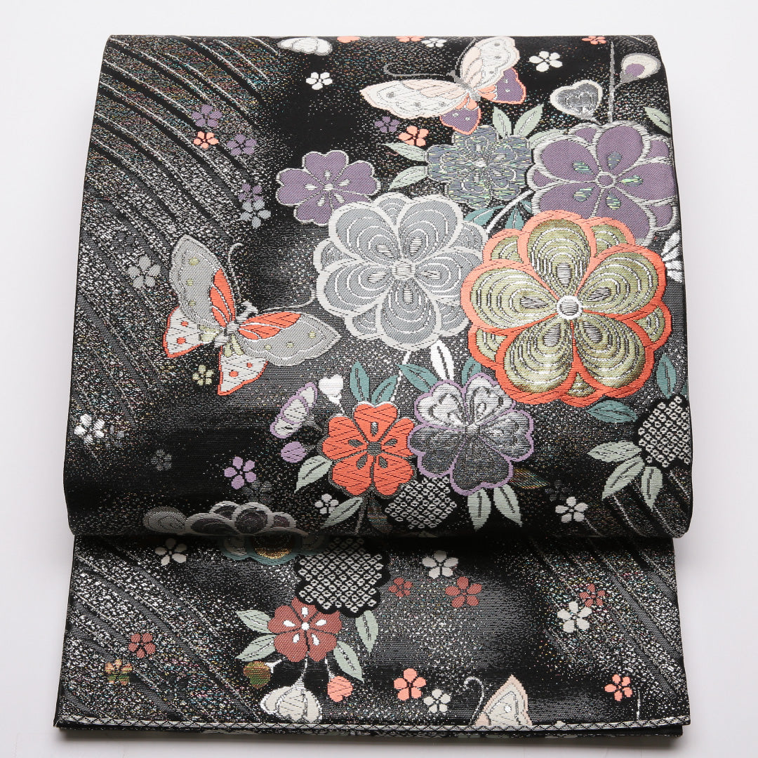 袋帯 帯丈432cm Sランク 六通 正絹 桜 蝶 黒系 蝶 1223-01370