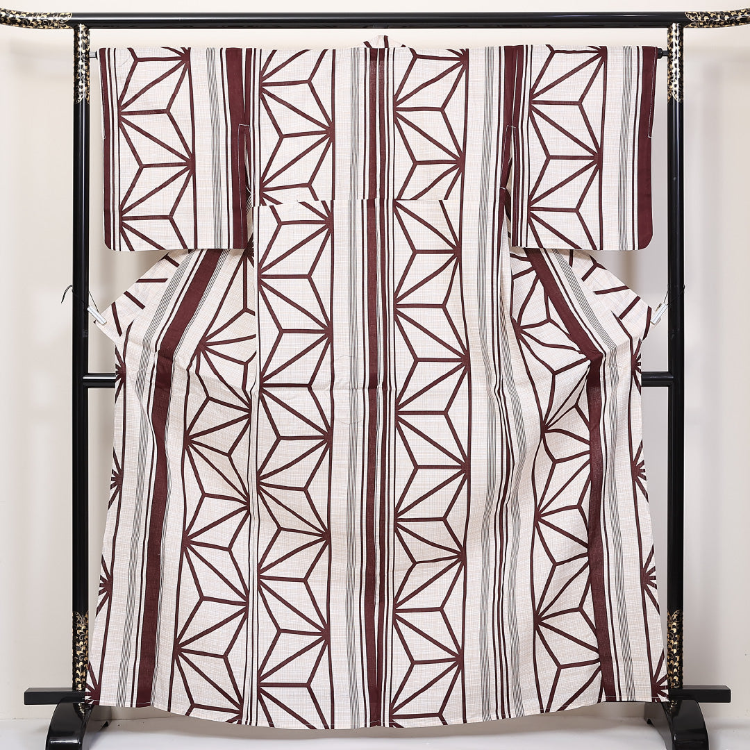 新品 浴衣 綿麻 身丈163cm 裄丈67cm 洗える着物 麻の葉 茶系 Nランク 1218-00049