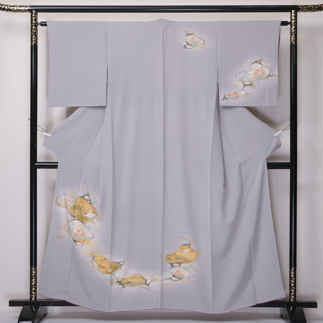 訪問着 袷 身丈158cm 裄丈62cm 正絹 Aランク セミフォーマル 広衿 Mサイズ ぼかし染 鶴 花柄 グレー系 RP 1217-04585