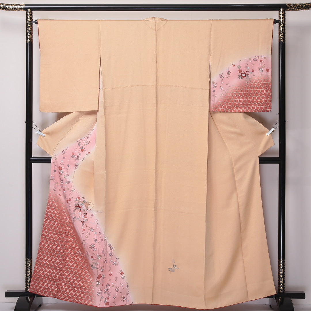 訪問着 袷 身丈160cm 裄丈64cm 正絹 Aランク セミフォーマル 広衿 Lサイズ ぼかし染 金彩 汕頭刺繍 扇 籠目 花柄 クリーム系 RP 1217-04584