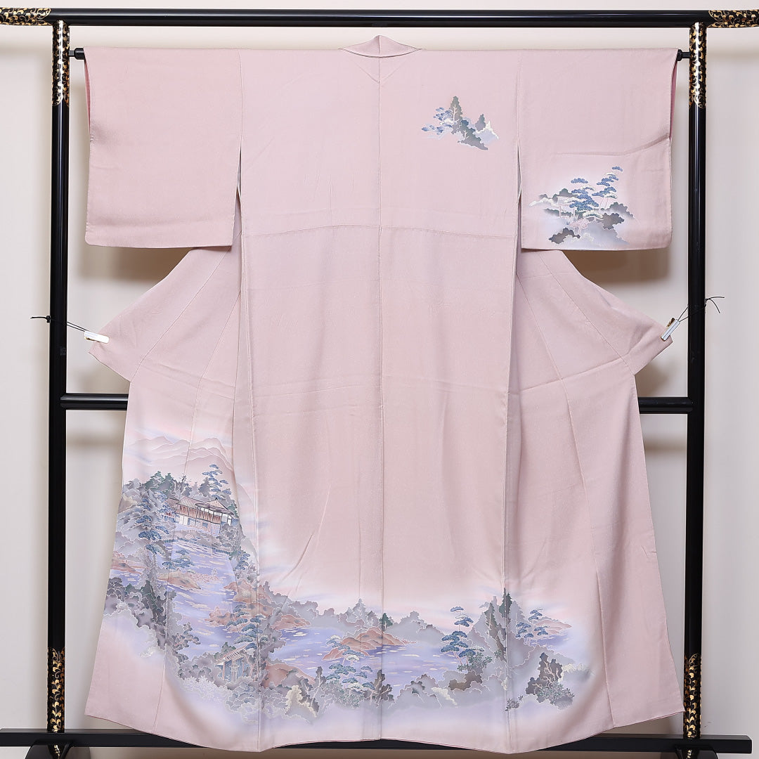 訪問着 袷 身丈156cm 裄丈64cm 正絹 Aランク セミフォーマル 広衿 Mサイズ 風景柄 ピンク系 RP 1217-04665