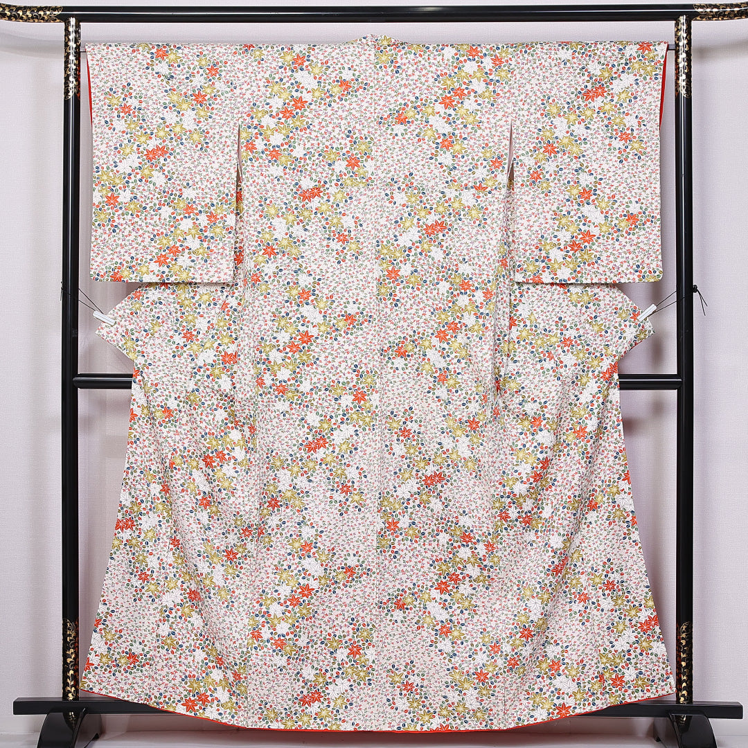 小紋 身丈160cm 裄丈55.5cm L 正絹 Sランク 袷 広衿 紅葉 萩 1215-10833