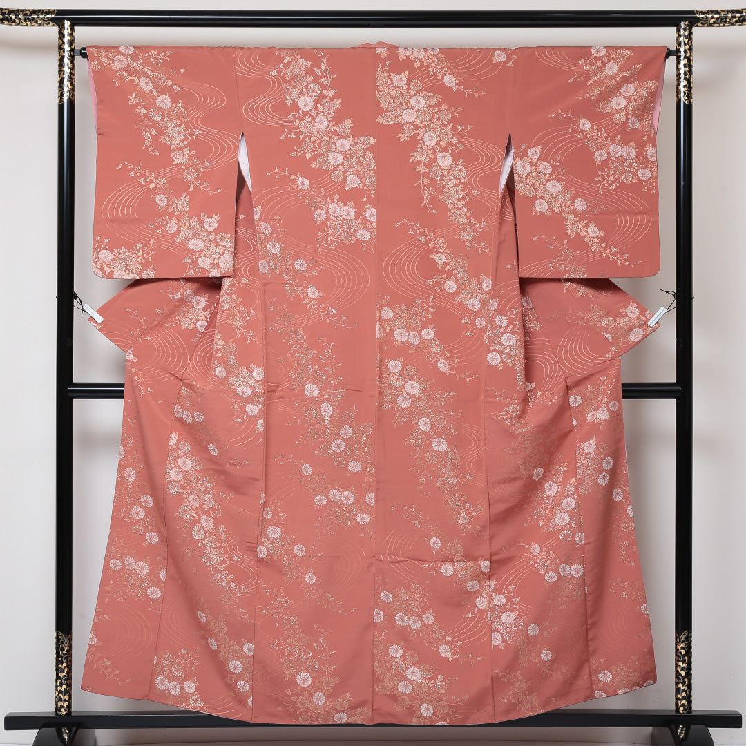 お召 袷 身丈156cm 裄65.5cm 正絹 流水 花柄 金糸 ピンク系 Aランク 1216-00588