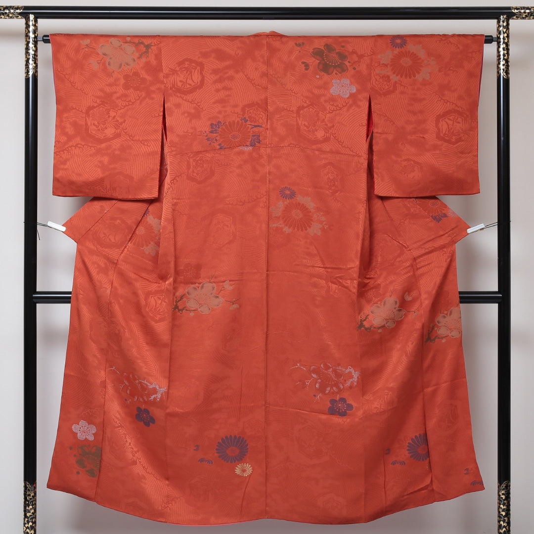 アンティーク 小紋 袷 身丈148cm 裄丈64cm 正絹 Bランク バチ衿 XSサイズ 花柄 朱系 GP 1221-01500