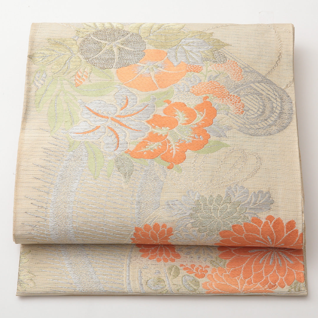 アンティーク 夏物 丸帯 帯丈412cm 正絹 六通 帯端のみ未仕立て 帯芯なし 朝顔 クリーム系 1242-01482