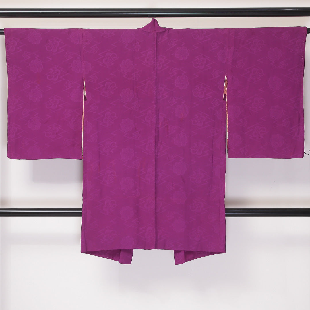 アンティーク 羽織(錦紗) 袷 身丈95cm 裄丈64cm 正絹 Cランク Mサイズ 紋意匠 松皮菱に梅 紫系 1217-06131