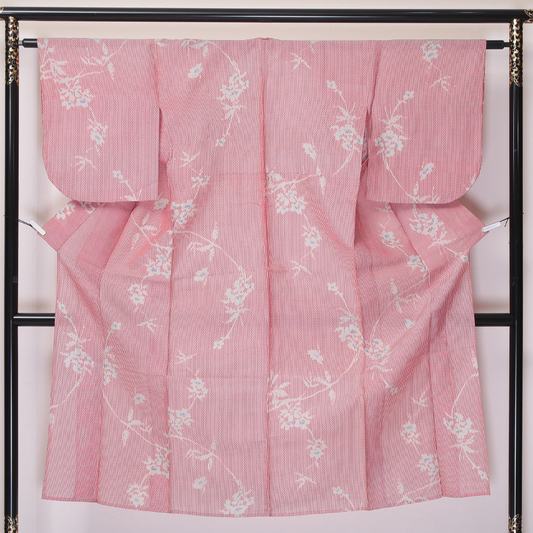 紬 夏紬 身丈140cm 裄62cm 正絹 ボタニカル 赤系 Bランク 1216-00976