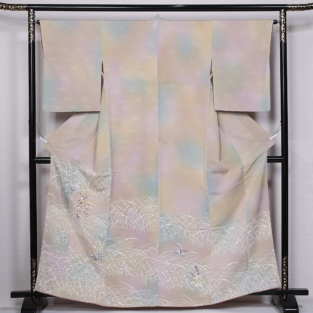 付下げ 袷 身丈162cm 裄丈63cm 正絹 Bランク インフォーマル バチ衿 Lサイズ ぼかし染 刺繍 すずらん クリーム系 RP 1218-11215
