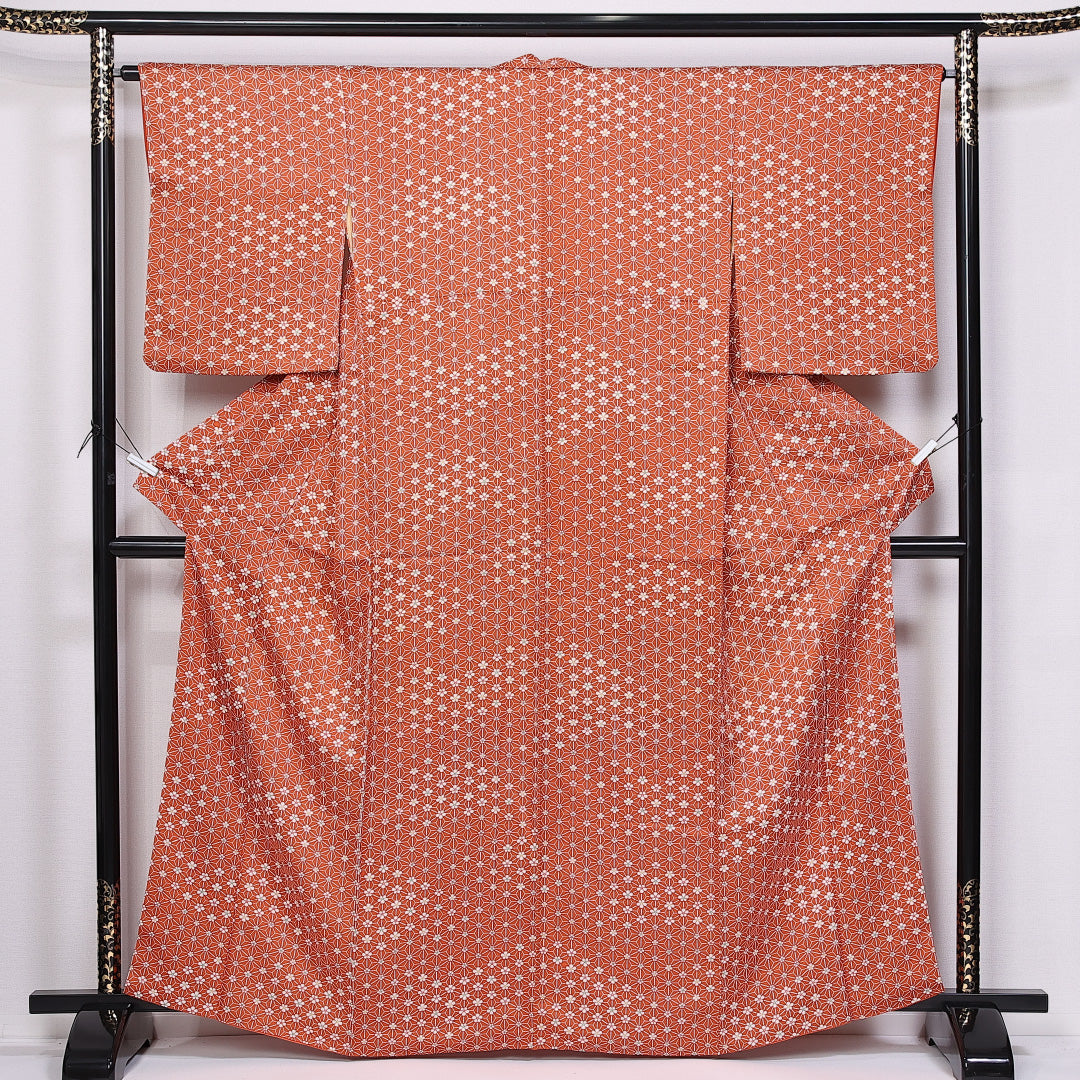 小紋 身丈162cm 裄丈64cm L 正絹 Aランク 袷 広衿 梅 麻の葉 レトロ 1215-11047