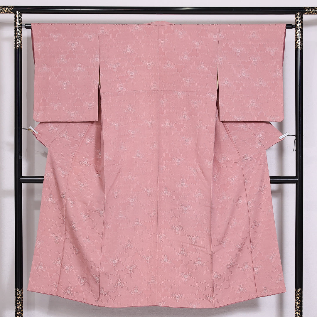 小紋 袷 身丈143cm 裄61cm 正絹 毘沙門亀甲 菊 ピンク系 Sランク 1215-02481