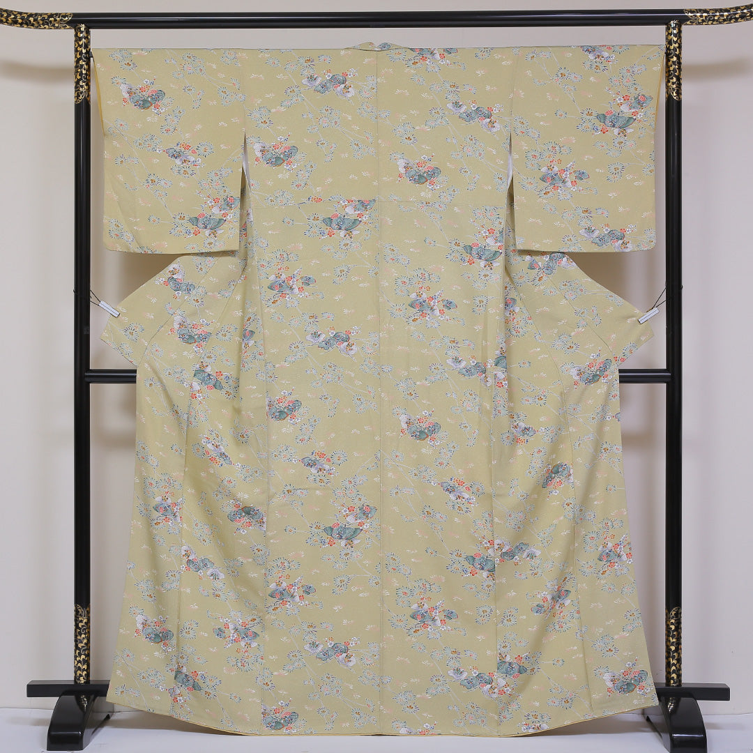 小紋 袷 身丈166cm 裄丈66cm 正絹 Aランク XLサイズ 広衿 インフォーマル ちりめん 梅 松 緑系 茶系 1215-01805