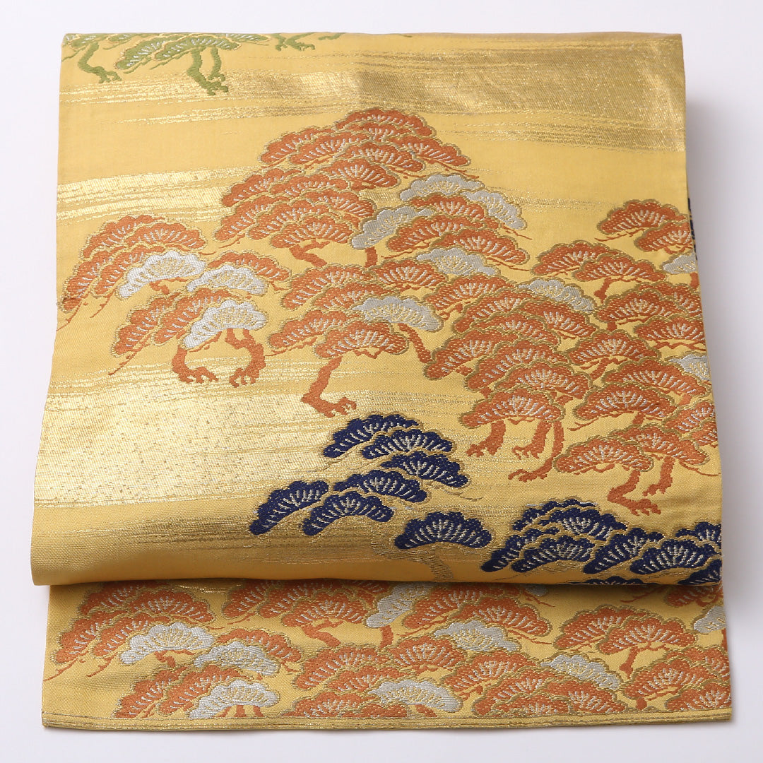 アンティーク 九寸名古屋帯 Aランク 帯丈337cm 正絹 六通 名古屋仕立て 帯芯なし 織り 松 黄系 RP 1245-02556