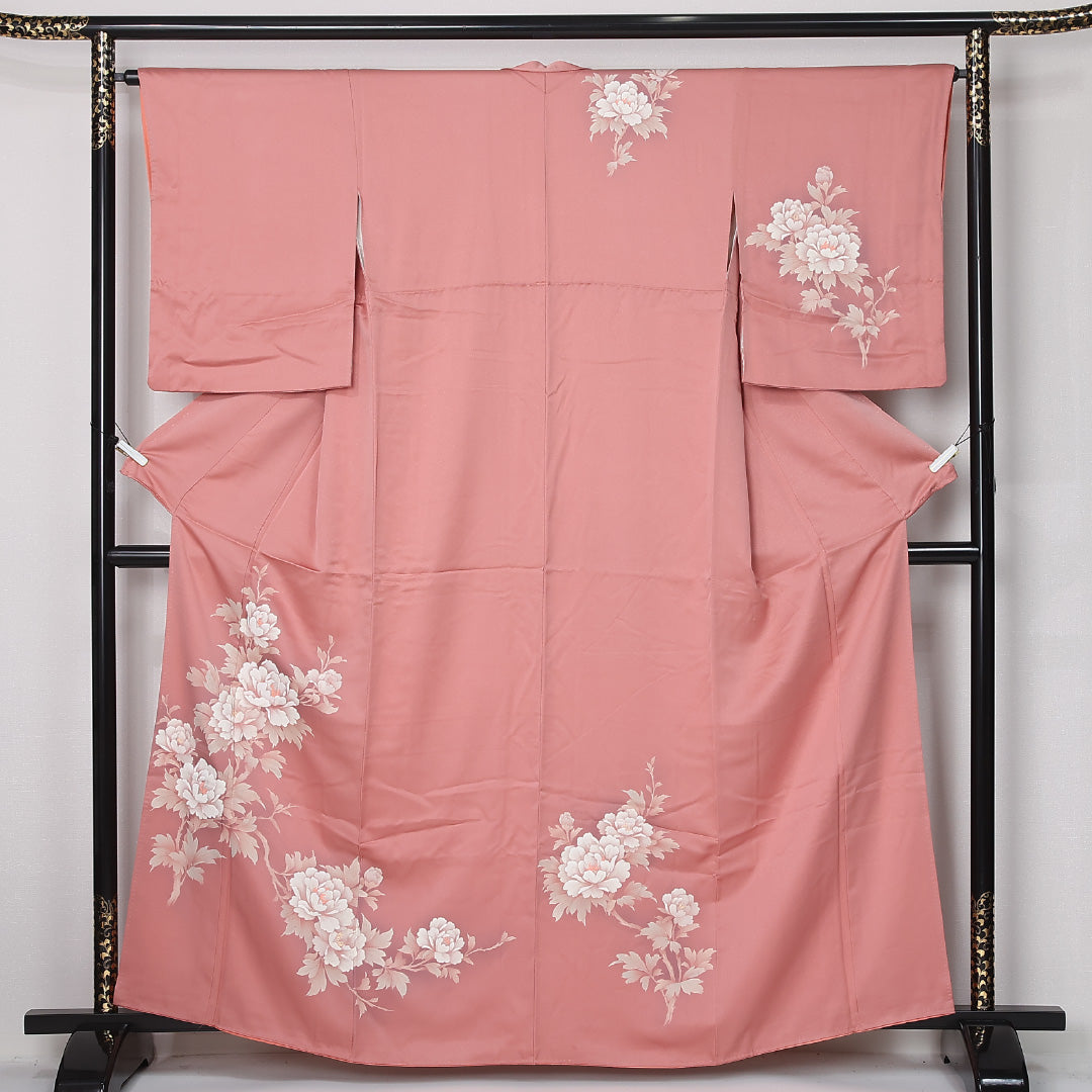 訪問着 袷 身丈160cm 裄丈65cm 正絹 Sランク セミフォーマル 広衿 Lサイズ 牡丹 ピンク系 RP 1217-12495