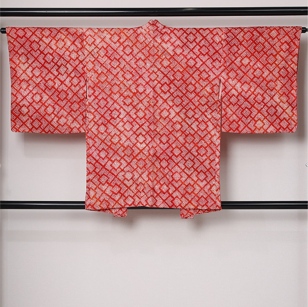 羽織 袷 身丈80cm 裄丈64cm 正絹 Sランク カジュアル Mサイズ 幾何学柄 赤系 RP 1232-12760
