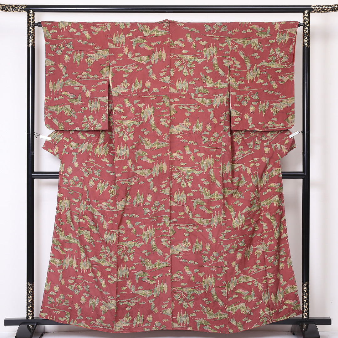 小紋 袷 身丈159cm 裄丈65cm 正絹 Aランク インフォーマル 広衿 Mサイズ 茶屋辻 赤系 RP 1221-01885