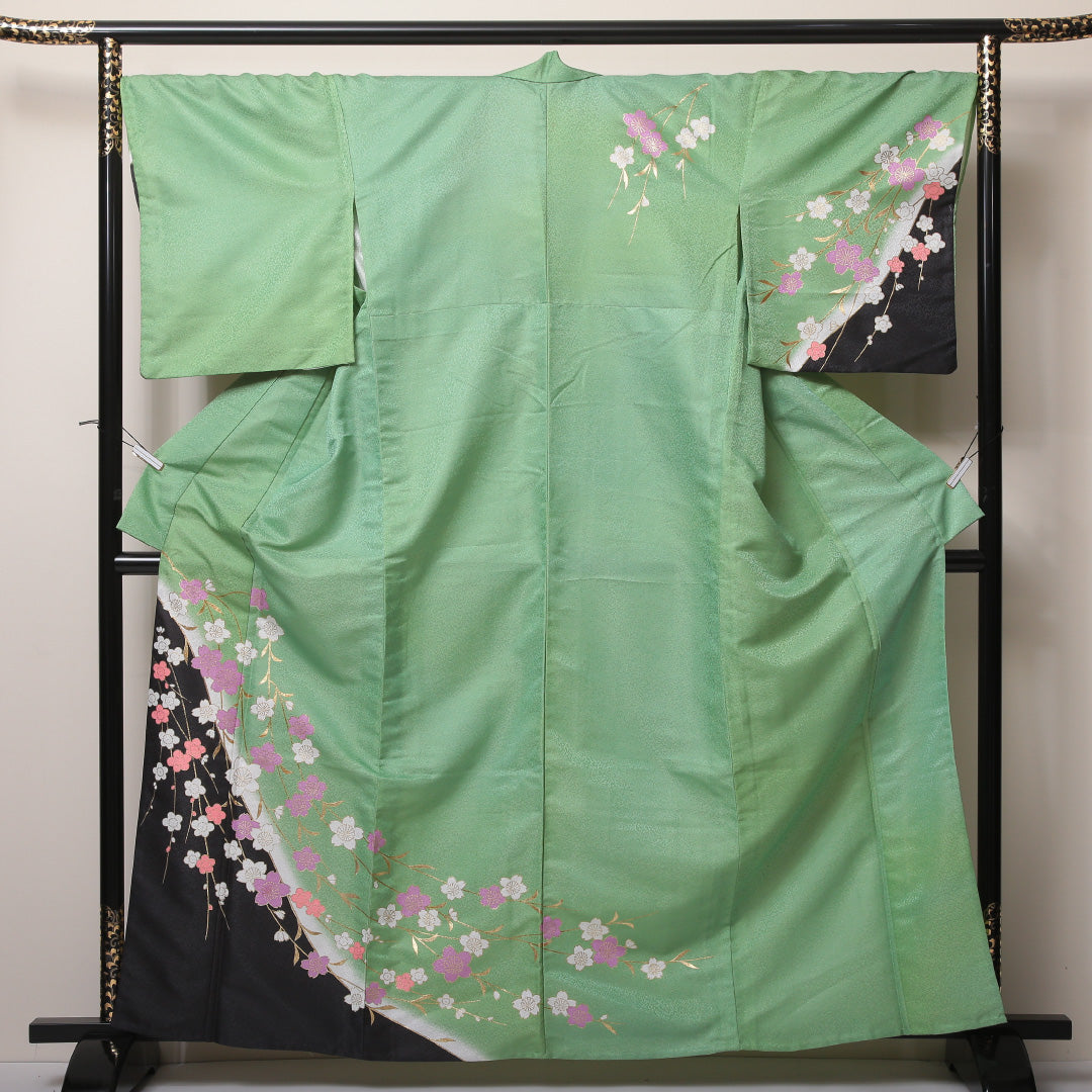 訪問着 単衣 身丈160~164cm 裄70cm ポリエステル 洗える着物 桜や梅 舞台用 緑系 Bランク 1212-00593
