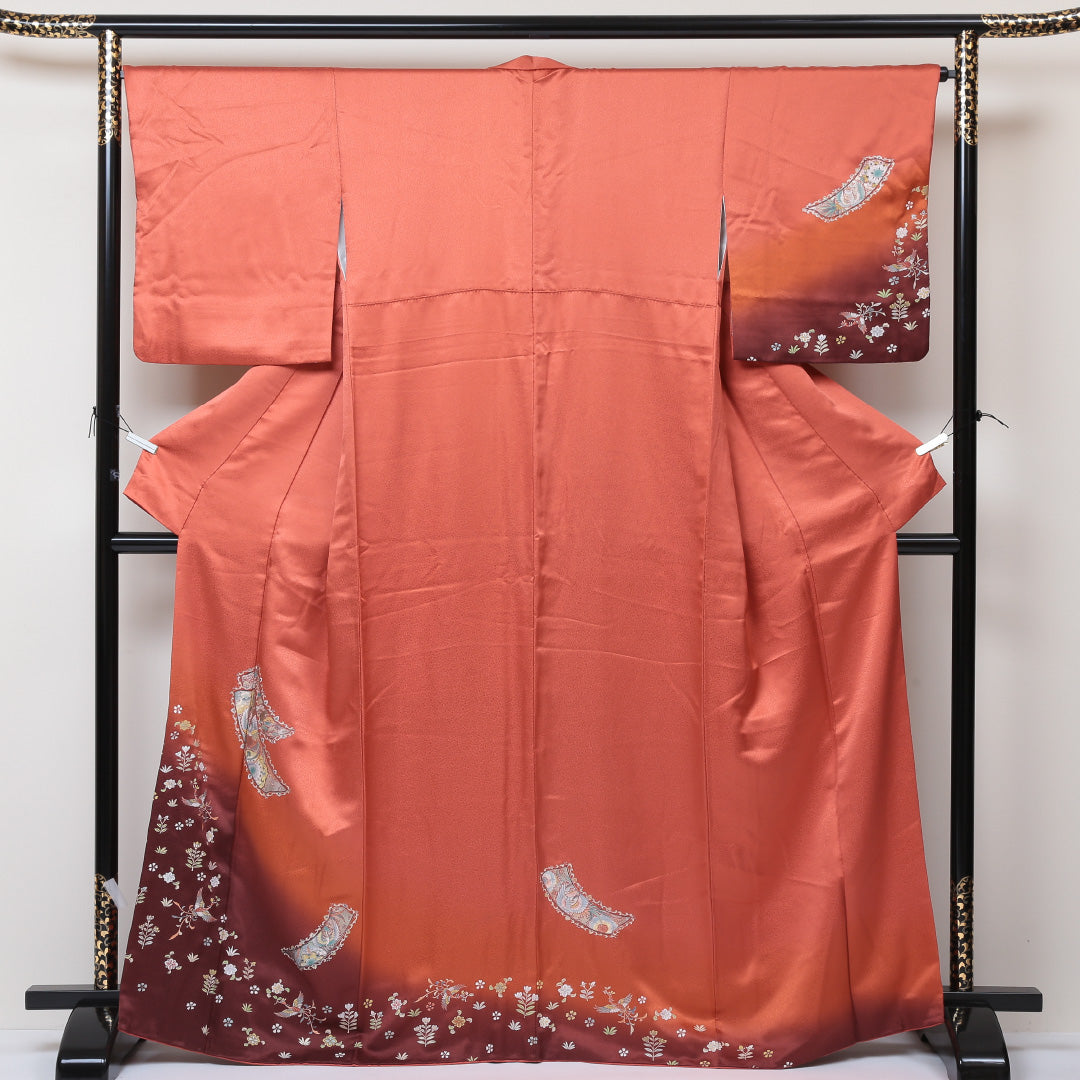訪問着 袷 身丈166cm 裄丈66cm 正絹 Sランク 紋意匠 (花柄) セミフォーマル 広衿 XLサイズ ぼかし染 花喰鳥 ピンク系 RP 1217-04312