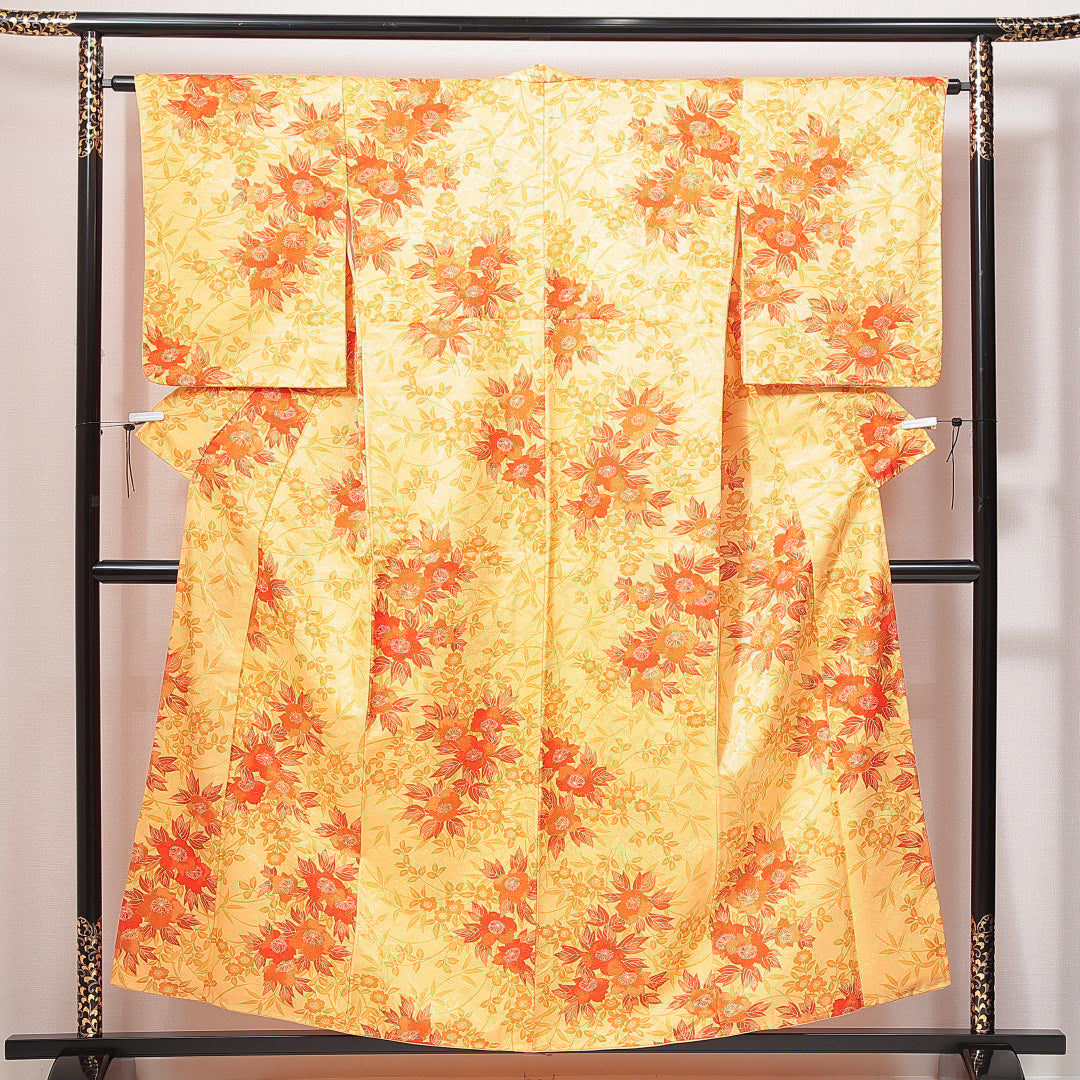 小紋 袷 身丈153cm 裄丈64cm 正絹 Sランク インフォーマル 広衿 Sサイズ 桜 黄系 RP 1221-14918