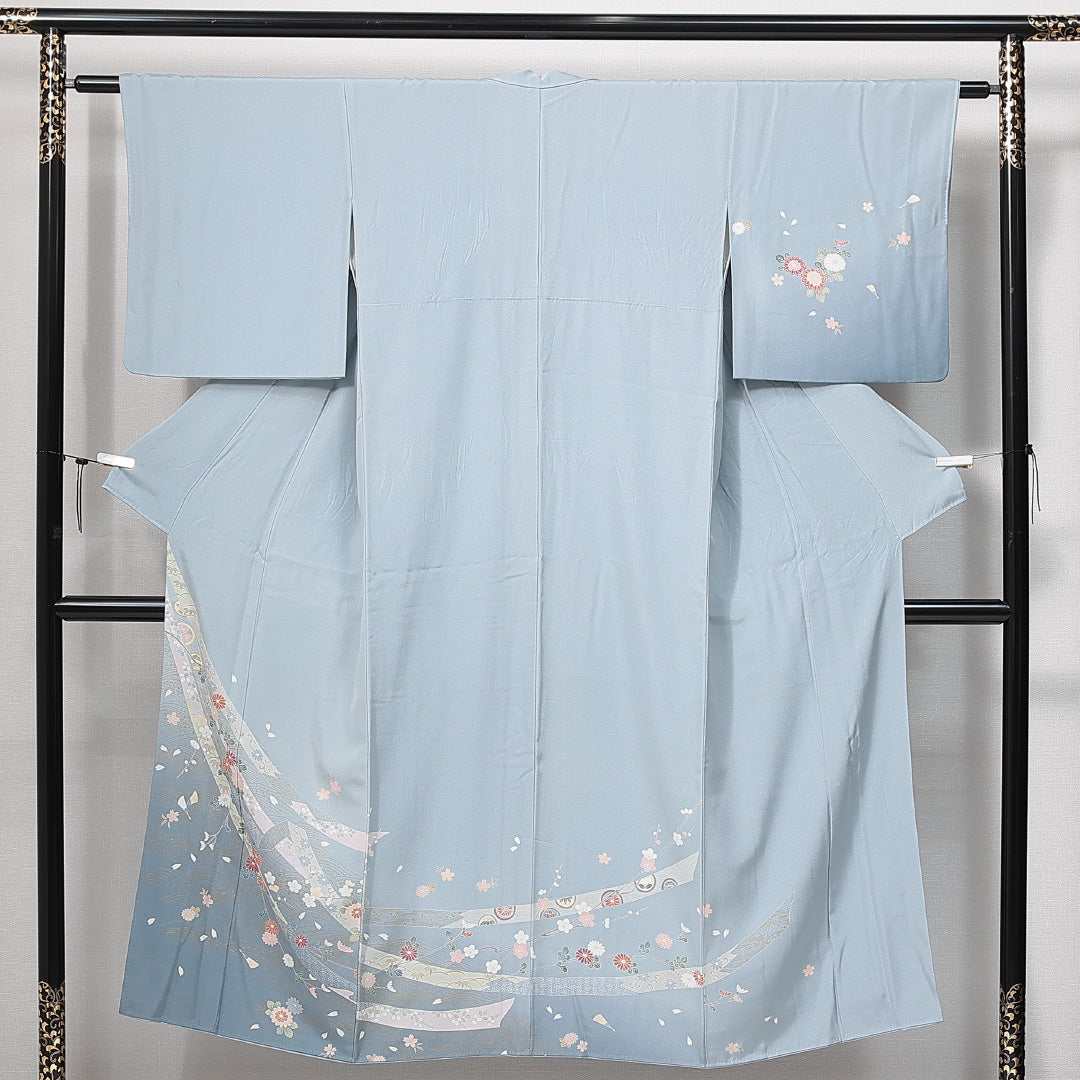 訪問着 袷 身丈144cm 裄丈59cm 正絹 Aランク セミフォーマル 広衿 XSサイズ 短冊 菊 水色系 RP 1217-14902