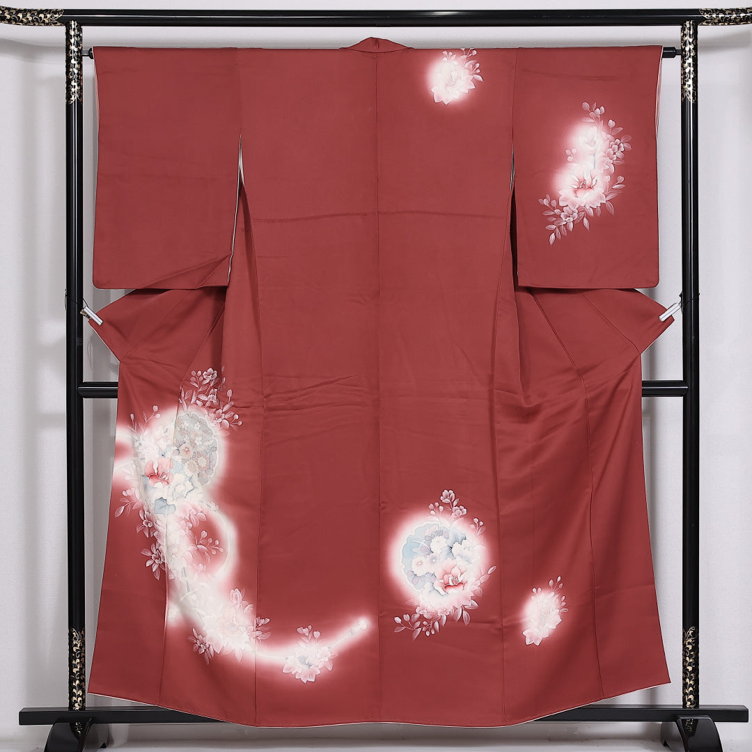 訪問着 袷 身丈157.5cm 裄62.5cm 正絹 牡丹 雪輪 ぼかし Sランク 1212-00831