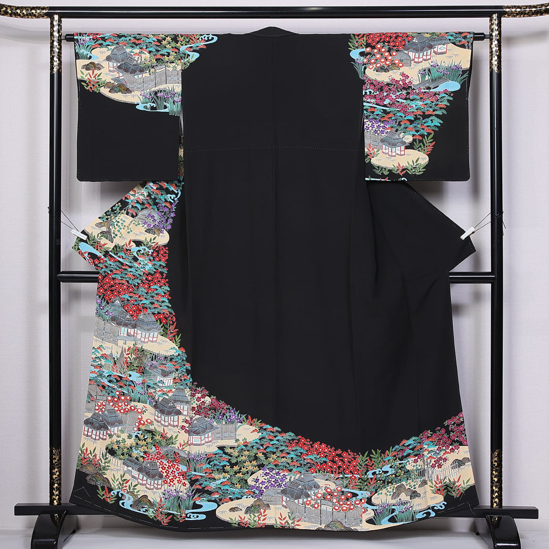 訪問着 袷 身丈160cm 裄丈62cm 正絹 Sランク セミフォーマル 広衿 Lサイズ 加賀友禅 茶屋辻 松竹梅 紅葉 黒系 PO 1217-10848