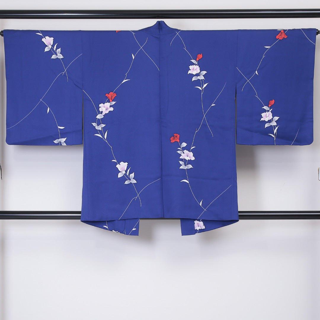 羽織 袷 身丈82cm 裄丈65cm 正絹 Sランク Mサイズ カジュアル 紐あり 植物柄 青系 1217-05935