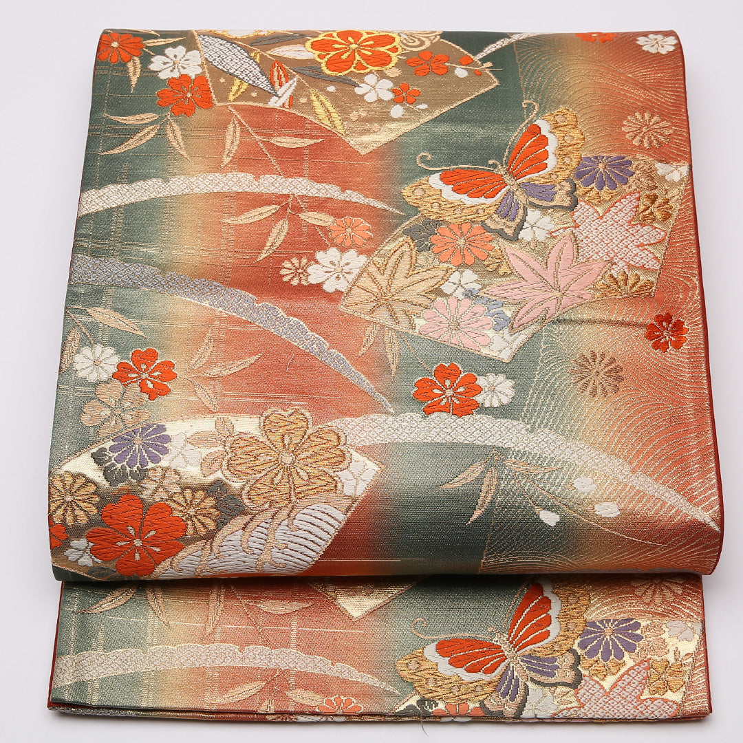 振袖用 袋帯 帯丈422cm 正絹 六通 唐織 花扇 蝶 赤系 緑系 1243-01039