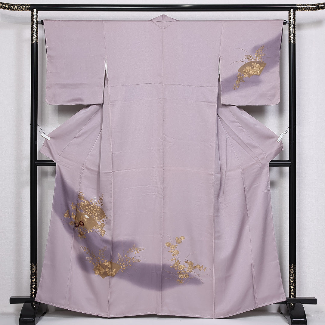 訪問着 身丈161cm 裄丈63.5cm 正絹 Sランク 袷 広衿 金彩 檜扇 菊 萩 刺繍 ぼかし しつけ糸 1212-10387