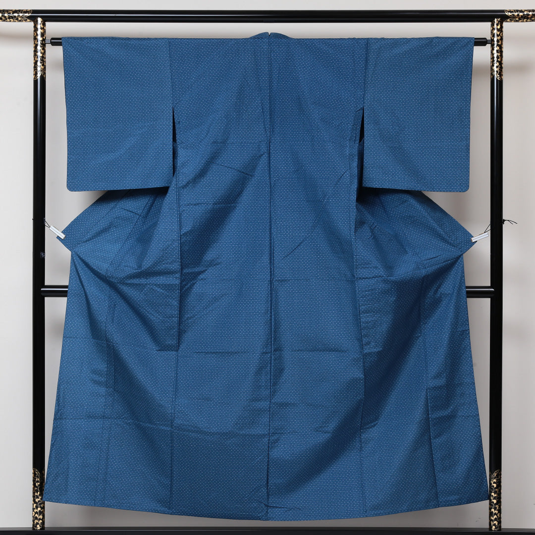 紬 単衣 身丈153cm 裄丈62cm 正絹 Bランク カジュアル バチ衿 Sサイズ 蚊絣 青系 RP 1223-03004