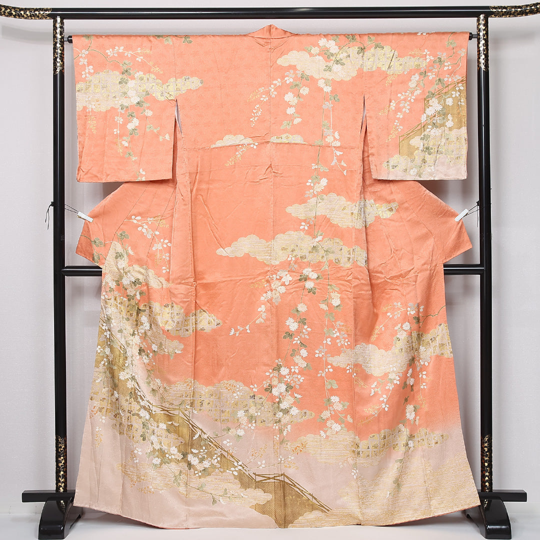 訪問着 袷 身丈163cm 裄丈64cm 正絹 Aランク セミフォーマル 広衿 Lサイズ 雲取り 菊 箔 朱系 M4 1217-12163