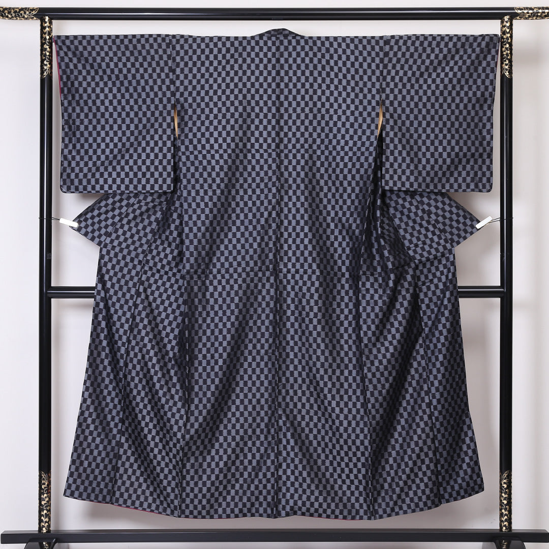 アンティーク お召 袷 身丈150cm 裄丈67cm 正絹 Bランク 広衿 Sサイズ 市松 黒系 PO 1222-03330