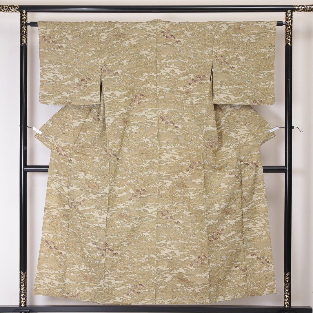 洗える着物 紬 単衣 身丈153cm 裄丈62cm ポリエステル Sランク カジュアル 広衿 Sサイズ 茶屋辻 ベージュ系 RP 1223-03393