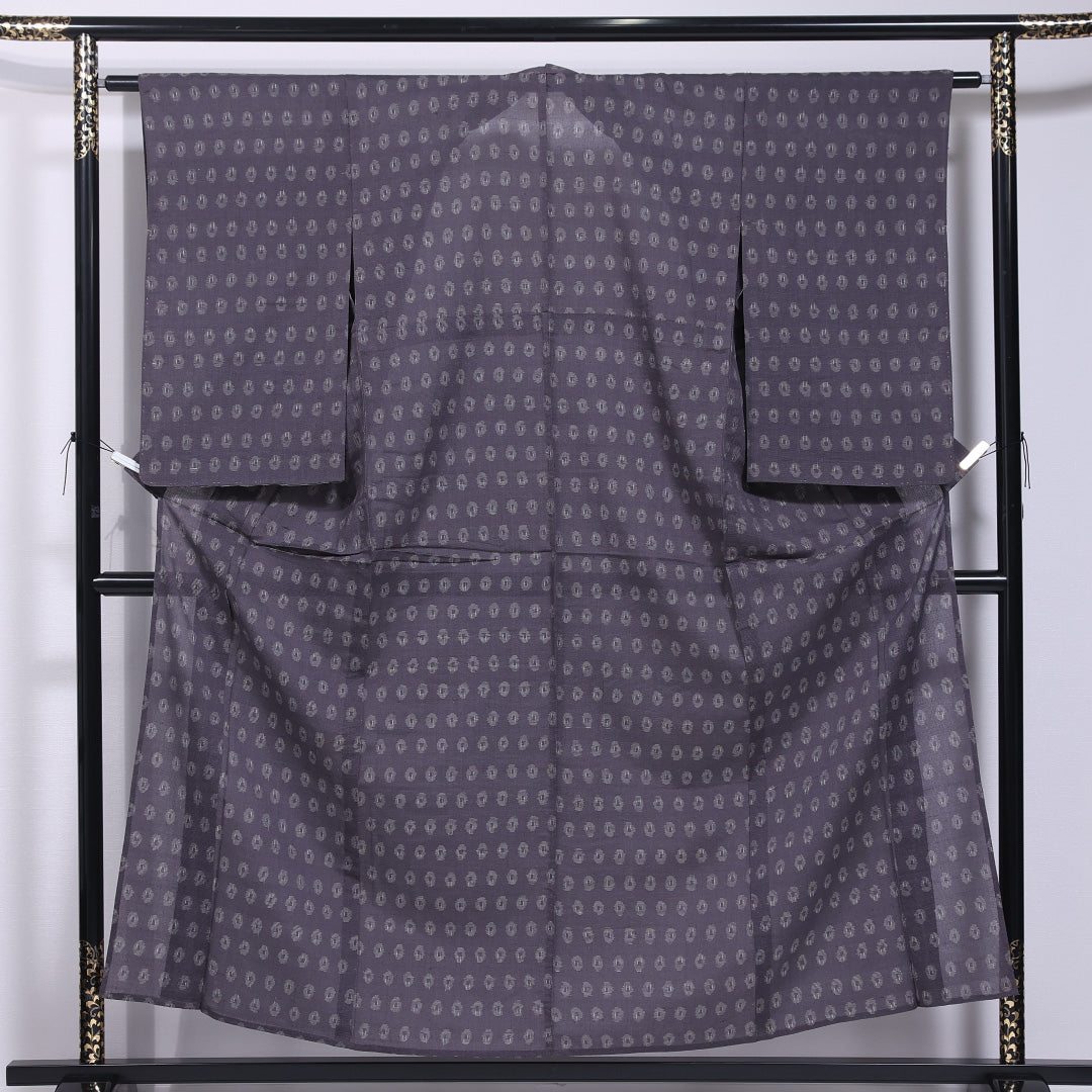 夏物 紬 絽 身丈155cm 裄丈61cm 正絹 Aランク カジュアル バチ衿 Mサイズ 創作柄 グレー系 RP 1223-11731