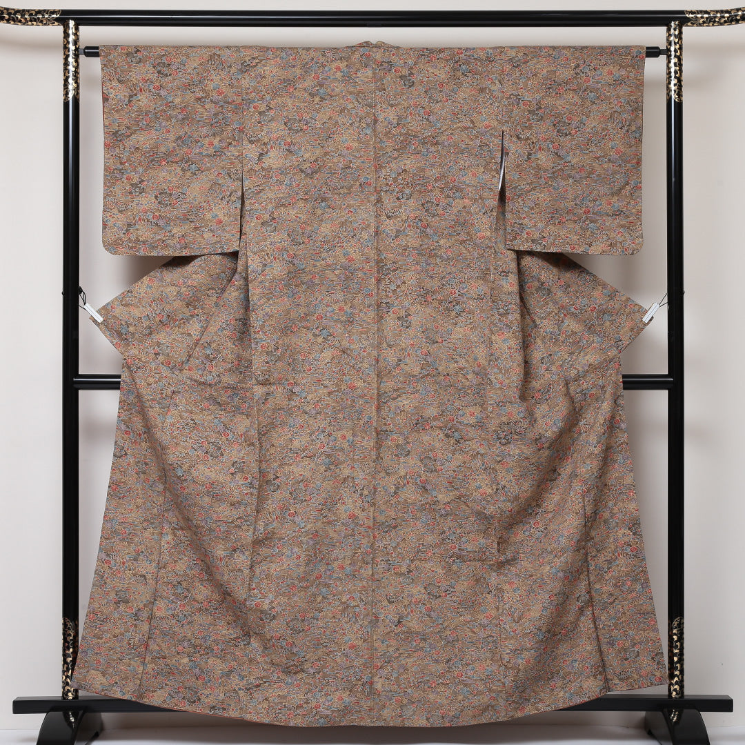 小紋 袷 身丈159cm 裄63cm 茶系 型染め 花柄 紅葉 正絹 Aランク 1215-01602-3314