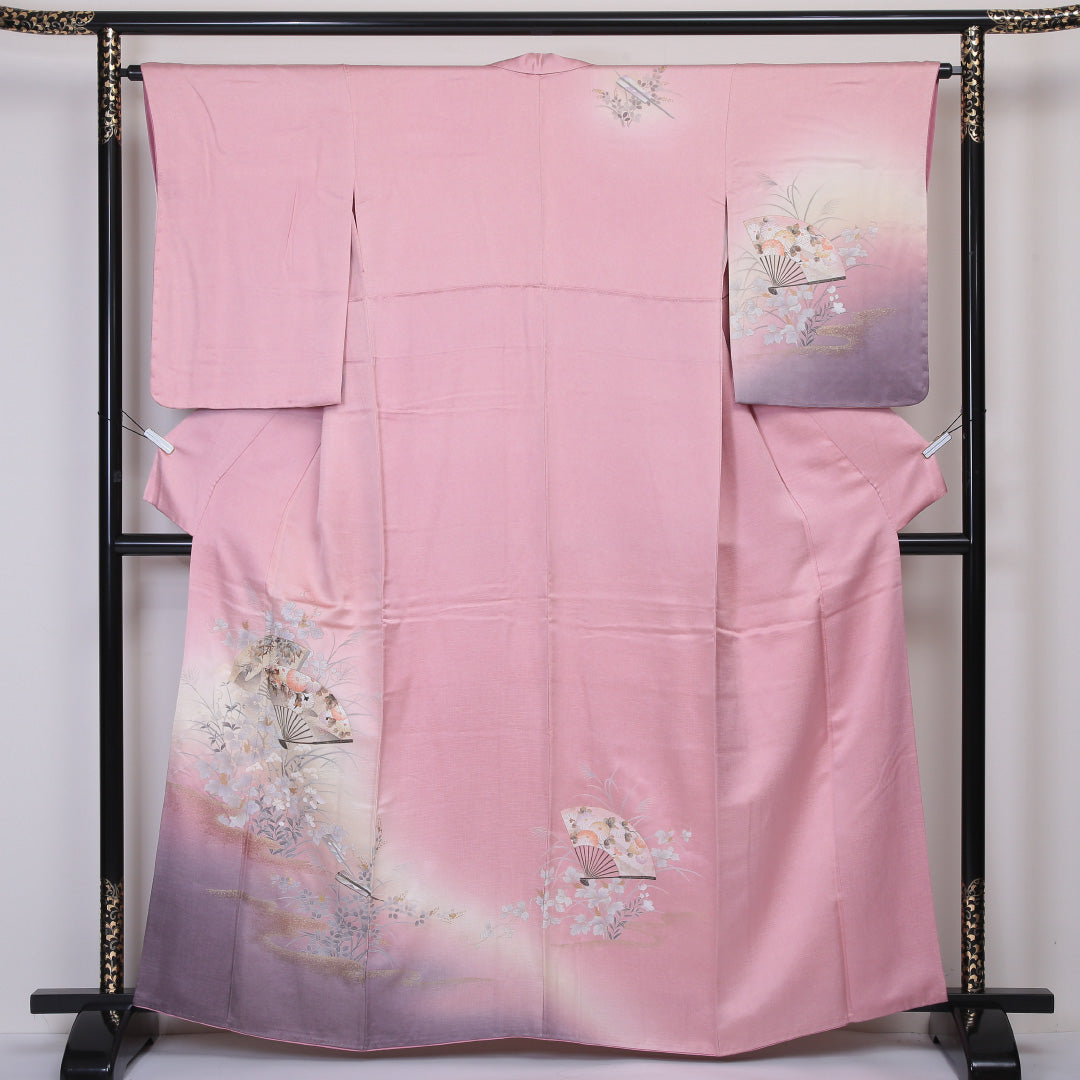 訪問着 袷 身丈162cm 裄丈64cm 正絹 Sランク セミフォーマル 広衿 Lサイズ ぼかし染 金彩 扇 花柄 ピンク系 PO 1217-04534