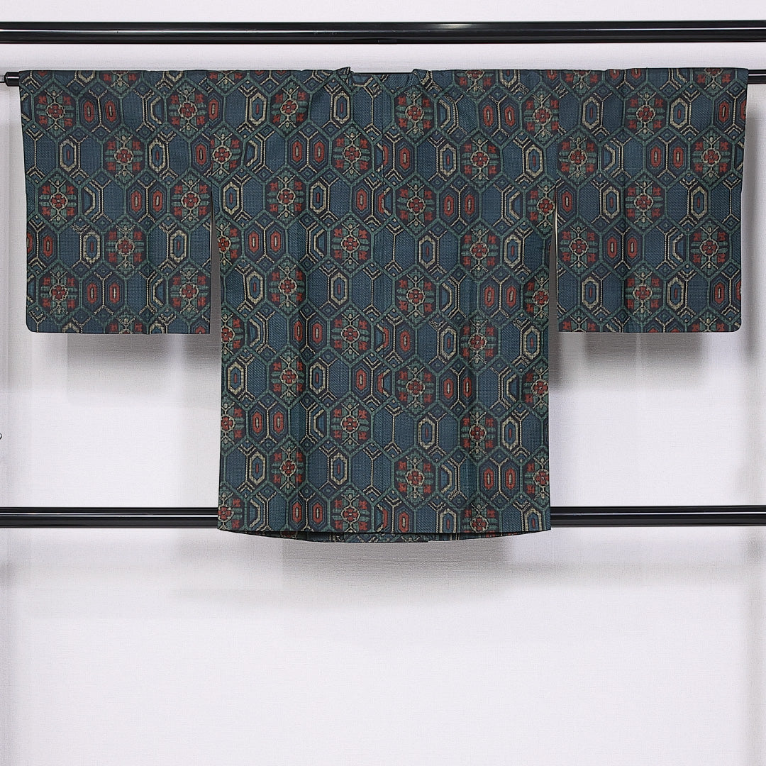 道行コート 身丈82cm 裄丈64cm M 正絹 Sランク 袷 紬 亀甲 1263-10774