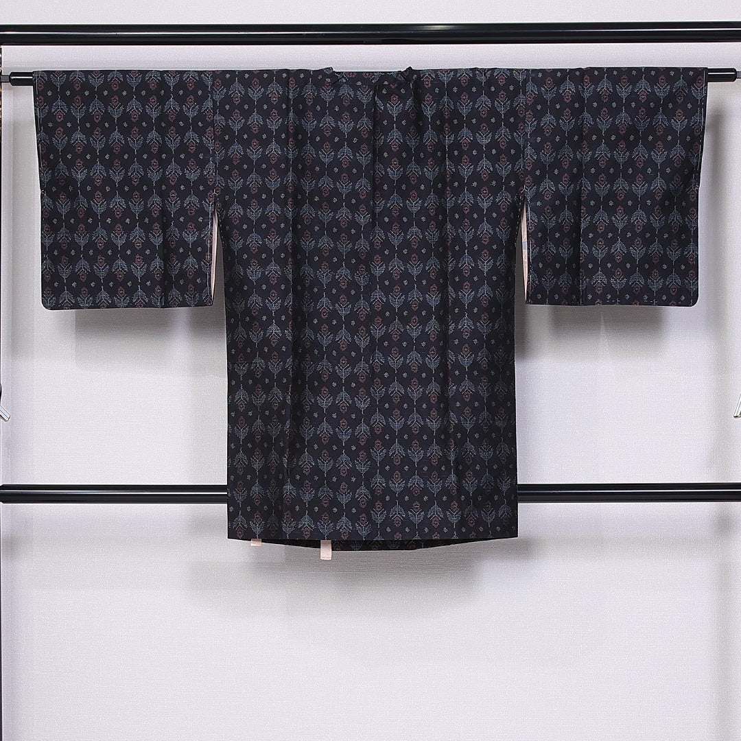道行コート (大島紬) 袷 身丈87cm 裄丈62cm 正絹 Sランク インフォーマル Sサイズ チューリップ 黒系 RP 1237-10737