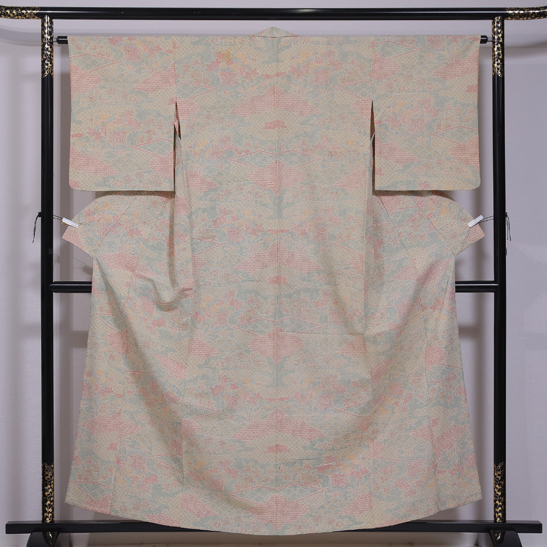 小紋 単衣 身丈155cm 裄丈64cm 正絹 Cランク インフォーマル 広衿 Mサイズ 花園 ベージュ系 LP 1221-11778