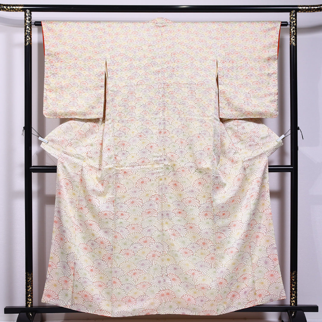 小紋 袷 身丈158cm 裄丈62cm 正絹 Sランク インフォーマル 広衿 Mサイズ 菊 クリーム系 RP 1221-11661