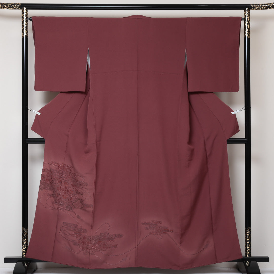 訪問着 袷 身丈162cm 裄丈65cm 正絹 Sランク セミフォーマル 広衿 Lサイズ 蘇州刺繍 汕頭刺繍 唐草華文 組紐 赤系 PO 1217-04385