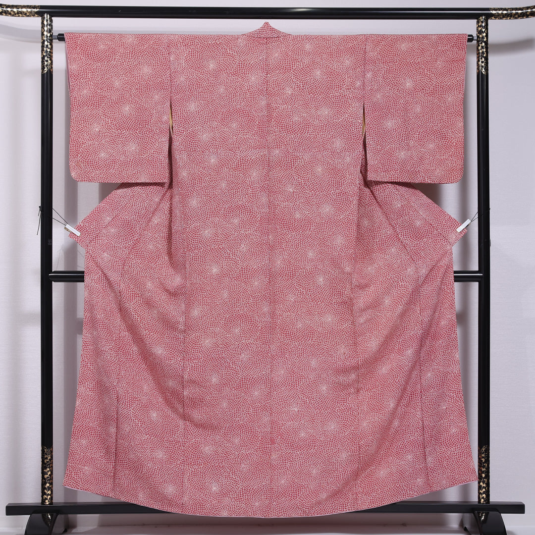 小紋 袷 身丈157cm 裄丈64cm 正絹 Cランク インフォーマル バチ衿 Mサイズ 菊 ピンク系 HP 1221-11722