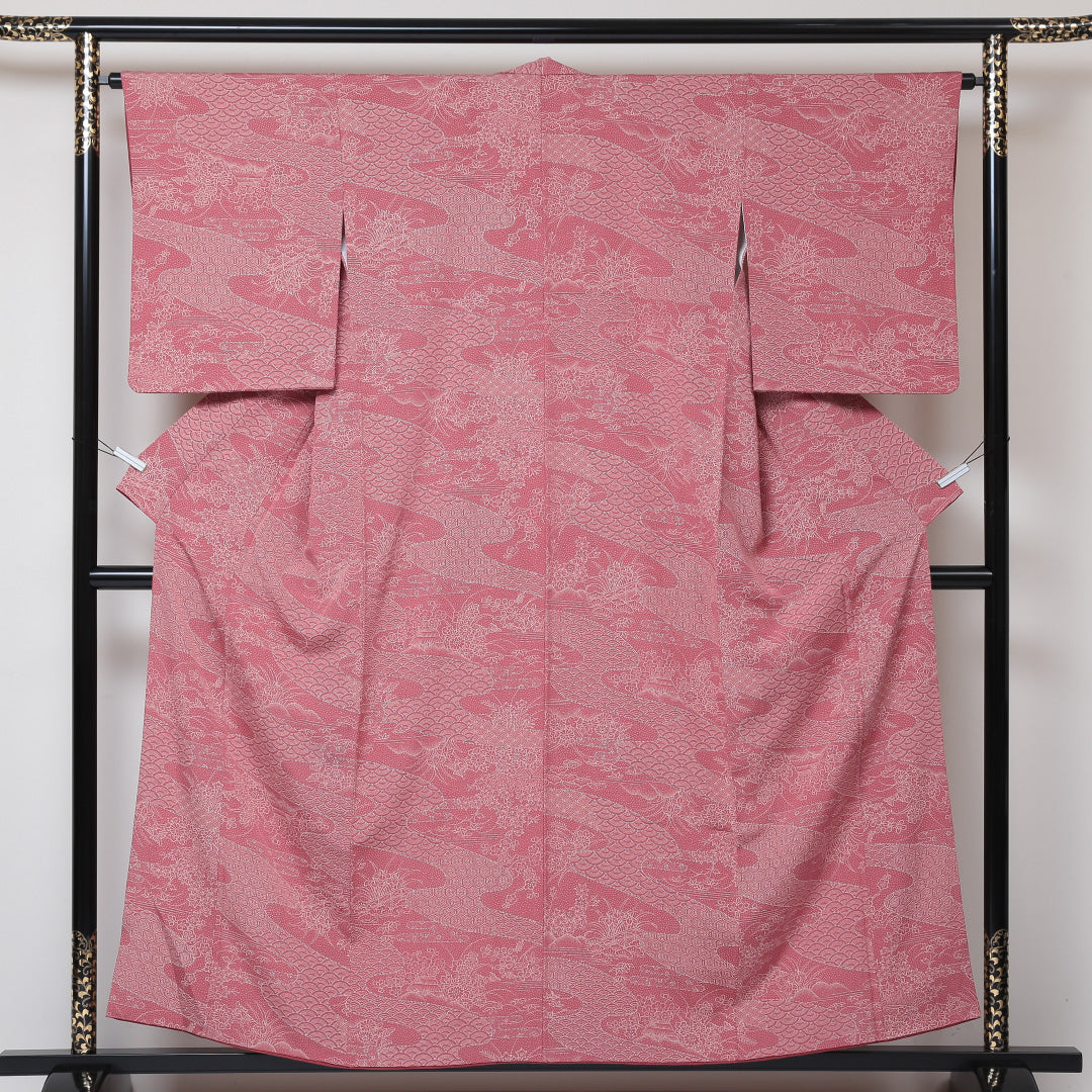 小紋 袷 身丈157cm 裄丈64cm 正絹 Aランク Mサイズ バチ衿 インフォーマル ちりめん 茶屋辻 青海波 ピンク系 1215-01505