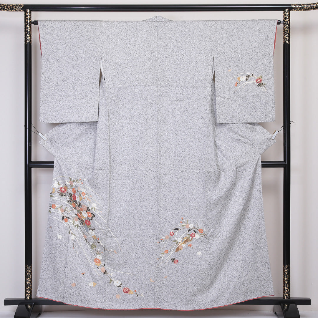 訪問着 袷 身丈159cm 裄丈64cm 正絹 Sランク セミフォーマル 広衿 Mサイズ たたき染め 金彩 桜 グレー系 RP 1217-04523