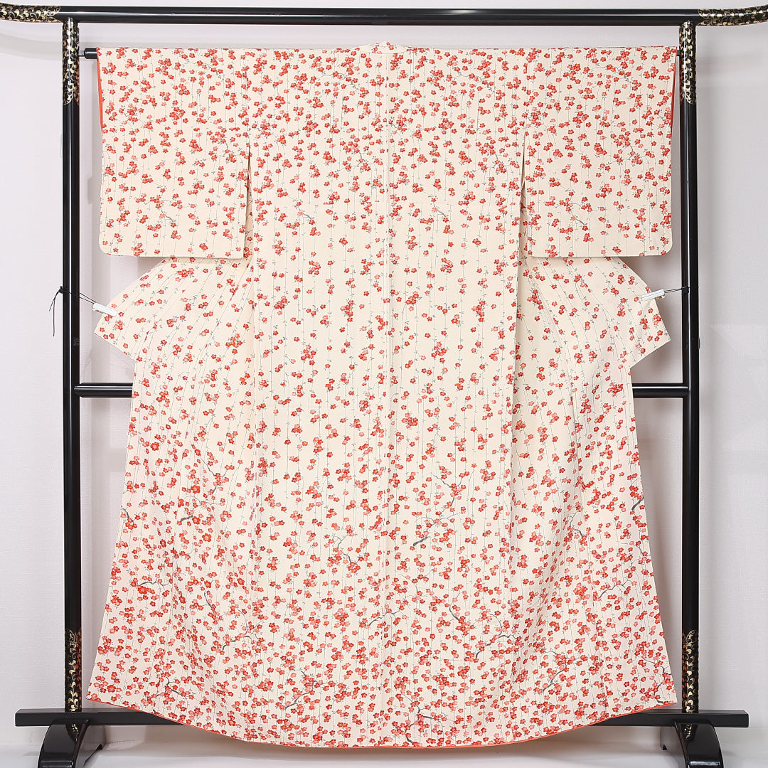 付下げ 袷 身丈161cm 裄丈65cm 正絹 Sランク インフォーマル 広衿 Lサイズ 小紋 桜 白系 RP 1218-12404
